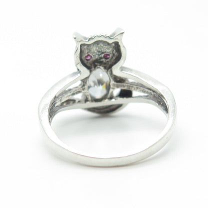 925 Sterling Silver Vintage Real Pink Sapphire Gemstone & C Z Cat Ring Size 5.75