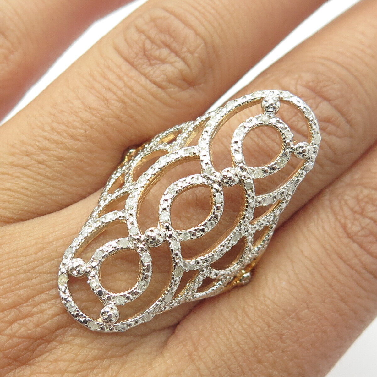 925 Sterling Silver Gold Plated Real Diamond Swirl Statement Ring Size 10.5