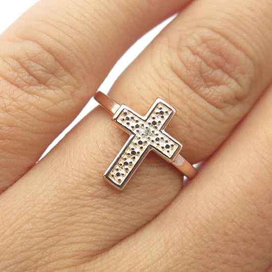 925 Sterling Silver Rose Gold Plated Real White Diamond Accent Cross Ring Size 5