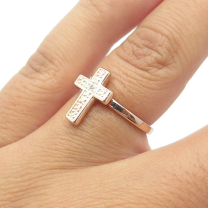 925 Sterling Silver Rose Gold Plated Real White Diamond Accent Cross Ring Size 5