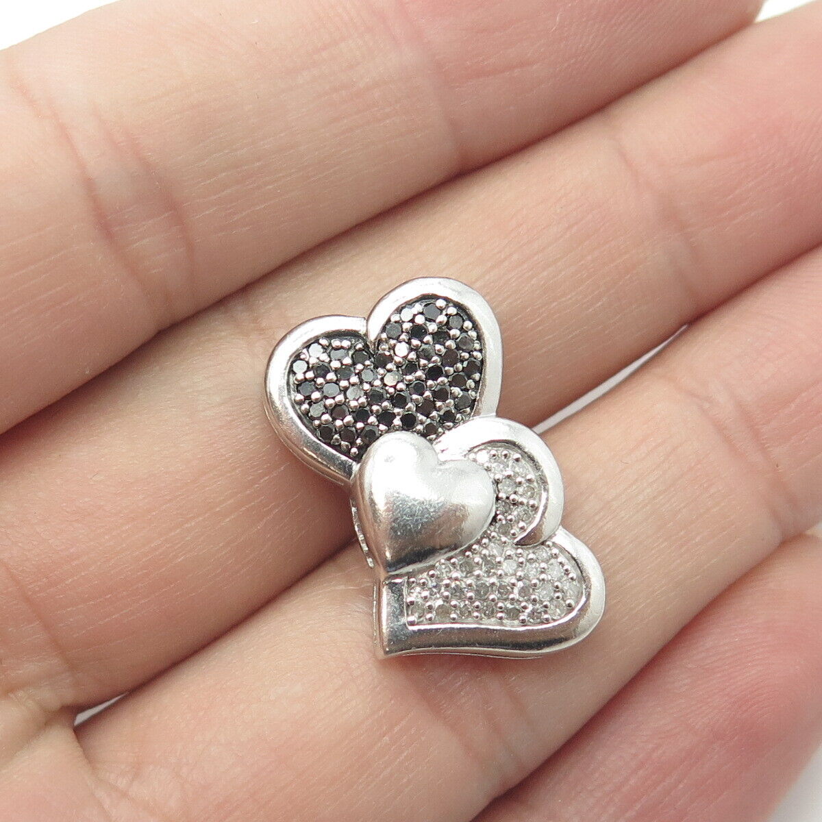 925 Sterling Silver Real Round-Cut White & Black Diamond Loving Hearts Pendant