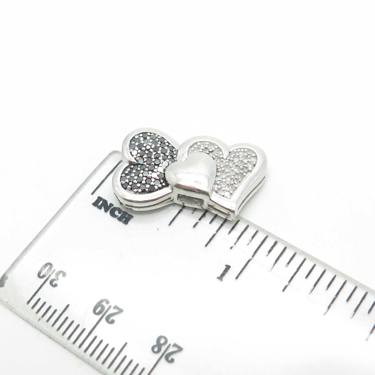 925 Sterling Silver Real Round-Cut White & Black Diamond Loving Hearts Pendant