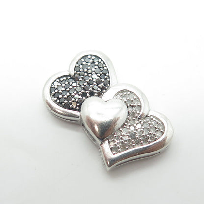 925 Sterling Silver Real Round-Cut White & Black Diamond Loving Hearts Pendant