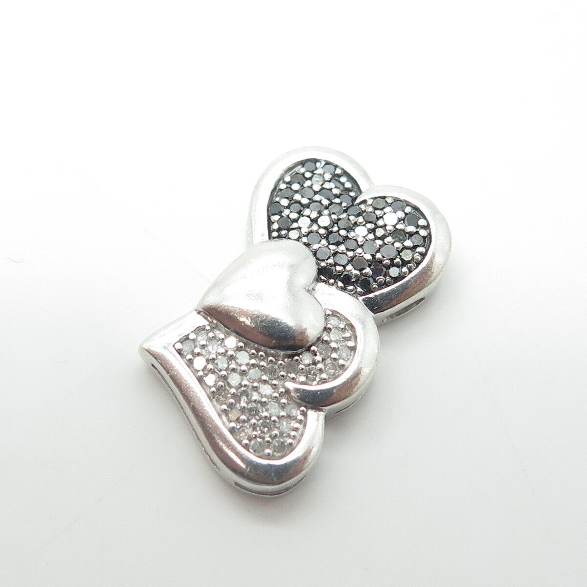 925 Sterling Silver Real Round-Cut White & Black Diamond Loving Hearts Pendant