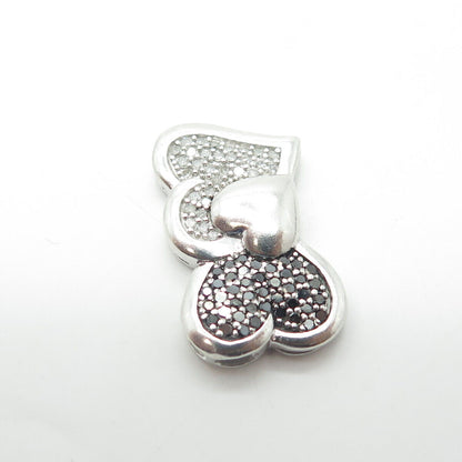 925 Sterling Silver Real Round-Cut White & Black Diamond Loving Hearts Pendant