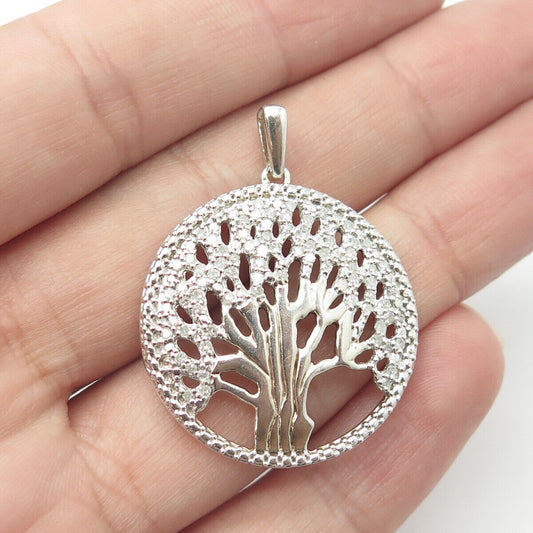 925 Sterling Silver Real Round-Cut White Diamond Tree of Life Pendant