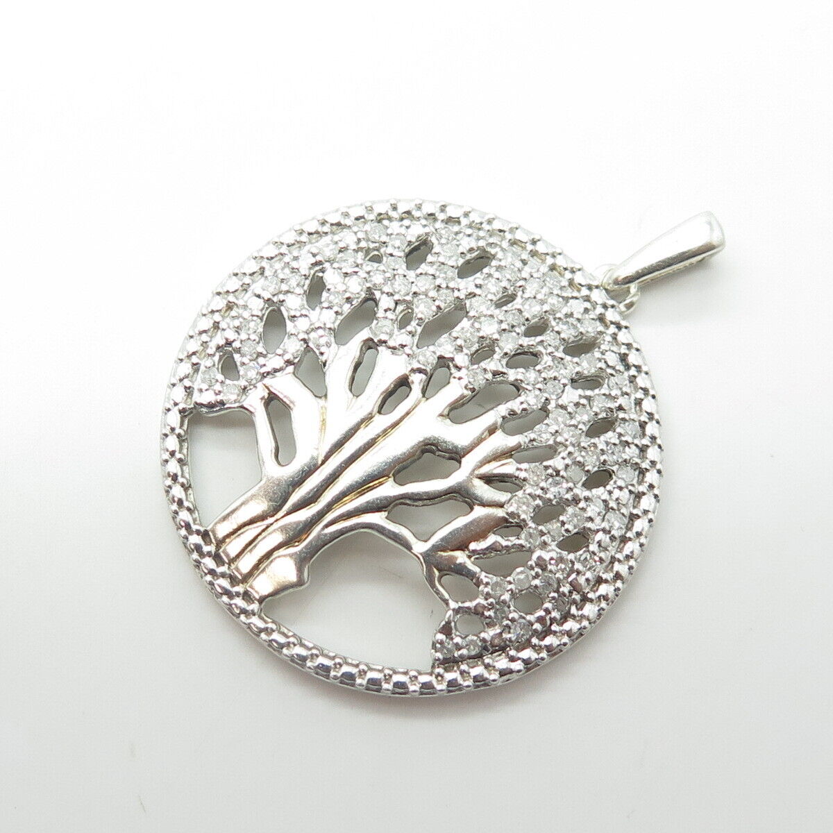 925 Sterling Silver Real Round-Cut White Diamond Tree of Life Pendant