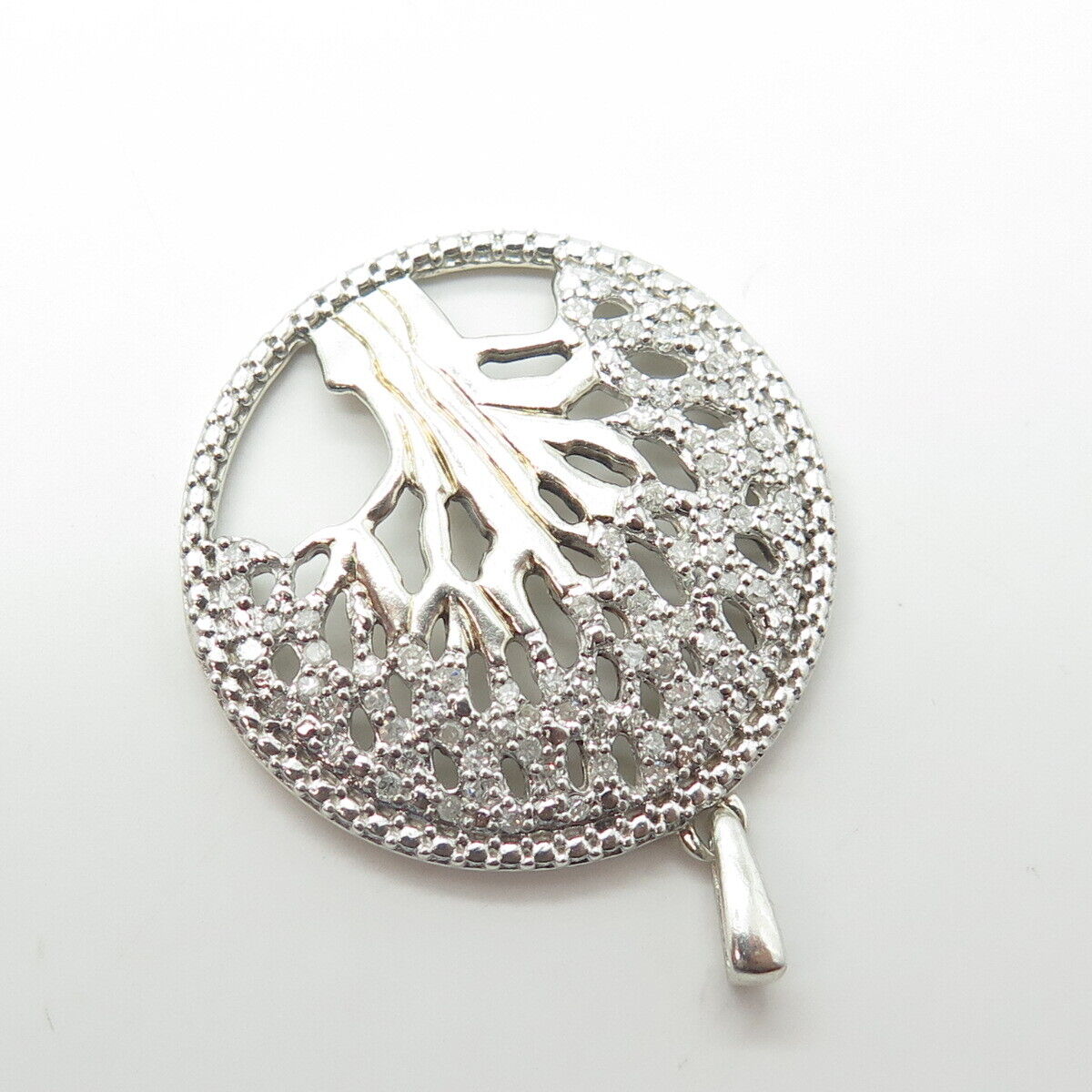 925 Sterling Silver Real Round-Cut White Diamond Tree of Life Pendant