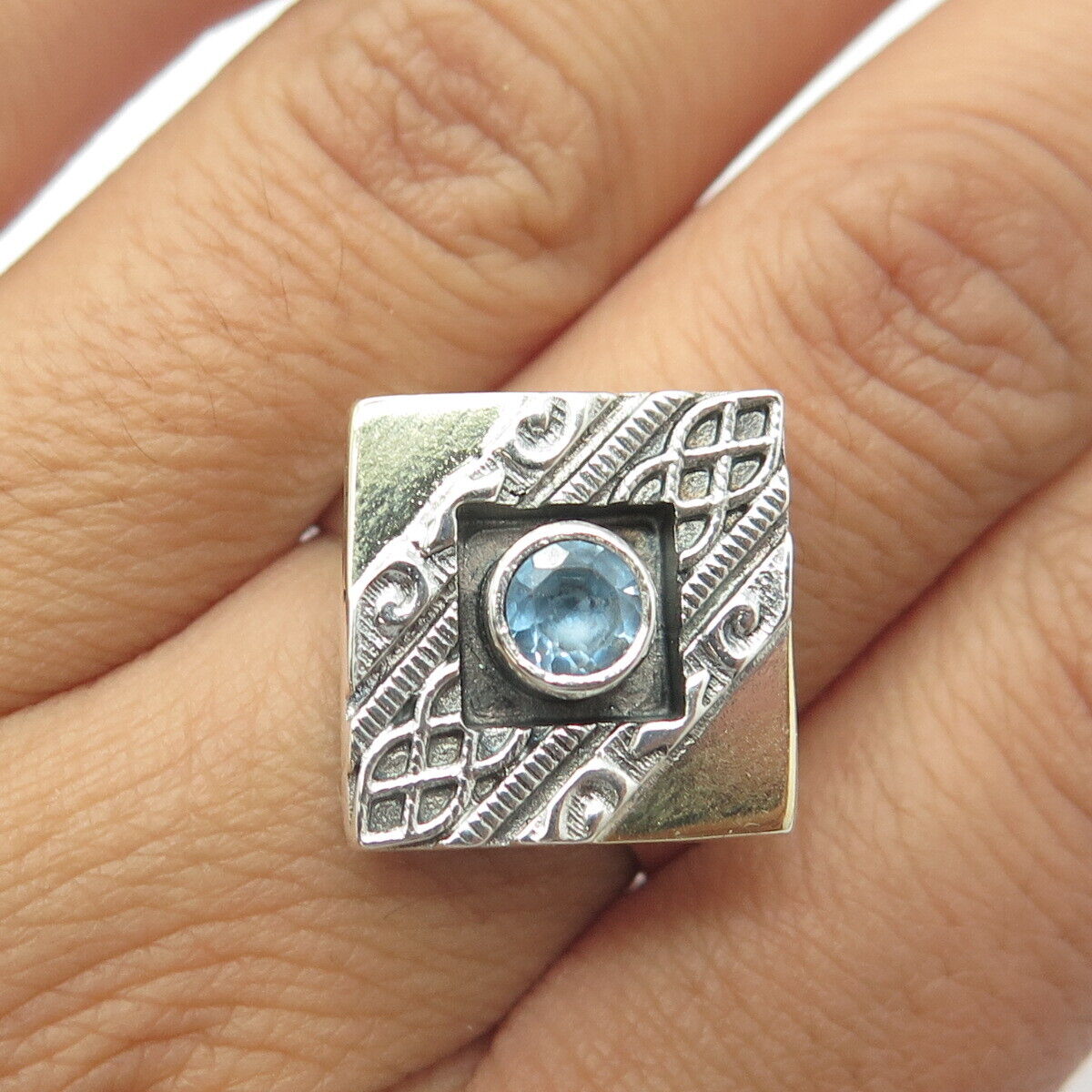 925 Sterling Silver 2-Tone Vintage Real Blue Topaz Celtic Square Ring Size 9