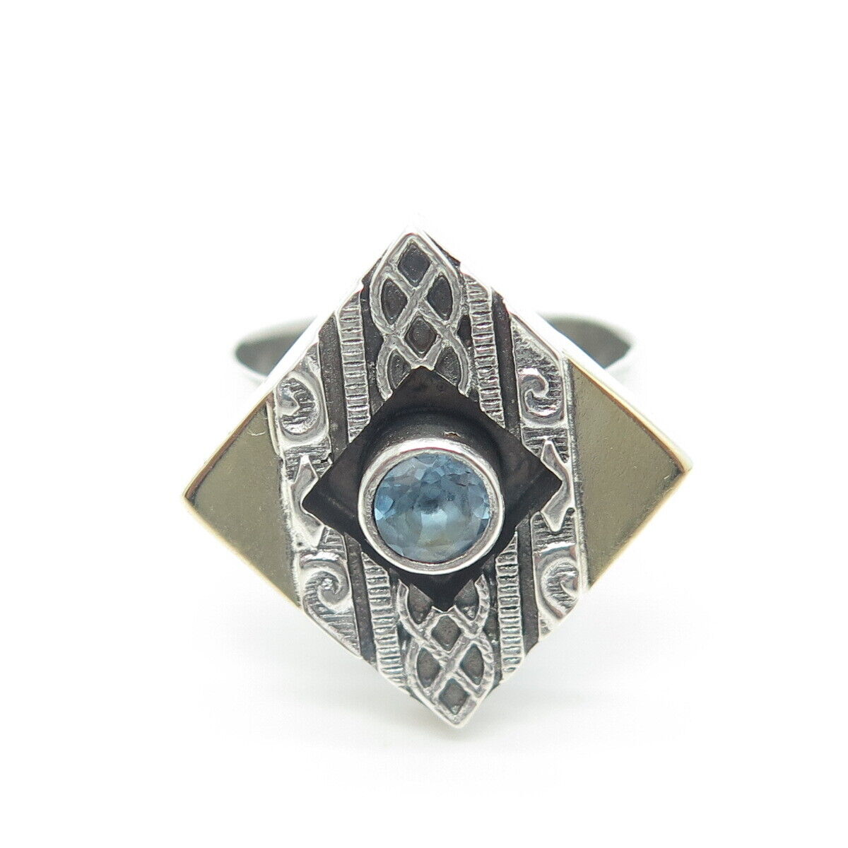 925 Sterling Silver 2-Tone Vintage Real Blue Topaz Celtic Square Ring Size 9