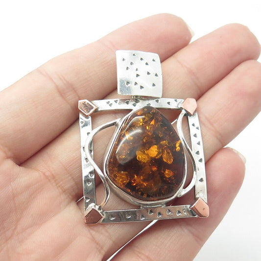 925 Sterling Silver 2-Tone Vintage Real Amber Textured Slide Pendant