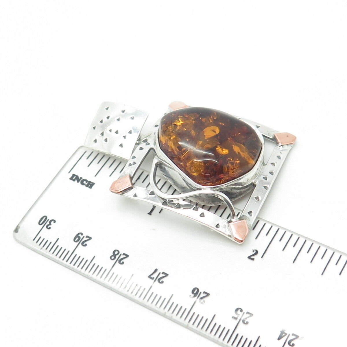 925 Sterling Silver 2-Tone Vintage Real Amber Textured Slide Pendant