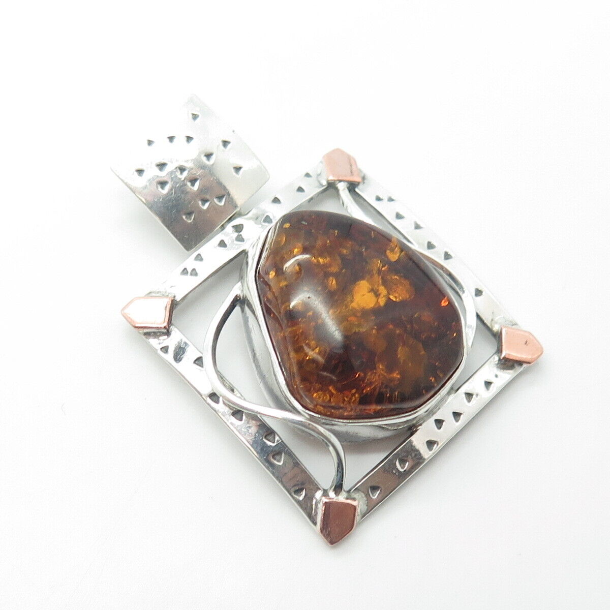 925 Sterling Silver 2-Tone Vintage Real Amber Textured Slide Pendant