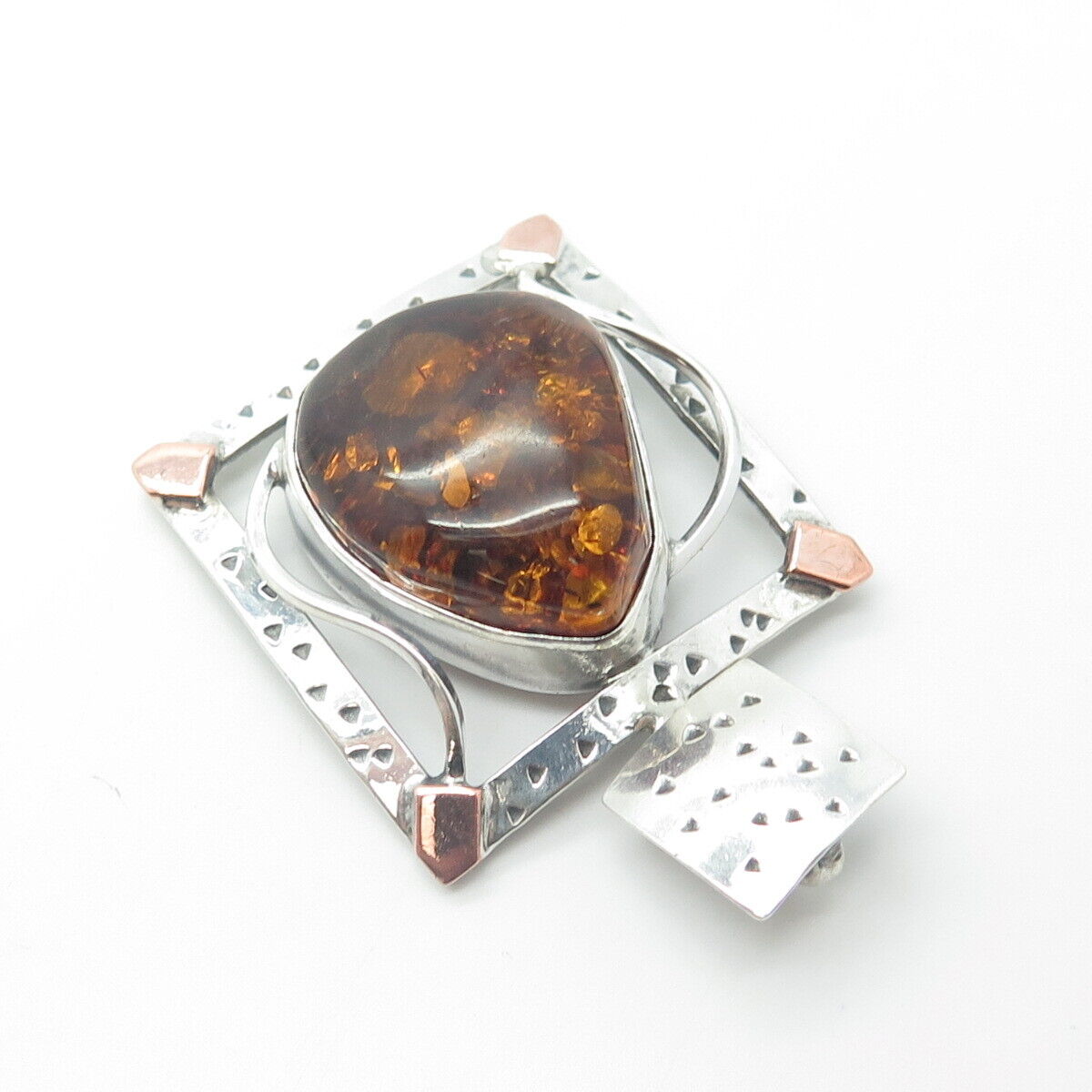 925 Sterling Silver 2-Tone Vintage Real Amber Textured Slide Pendant