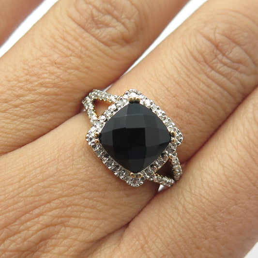 925 Sterling Silver Gold Plated Real White Diamond Black Spinel Gem Ring Size 7