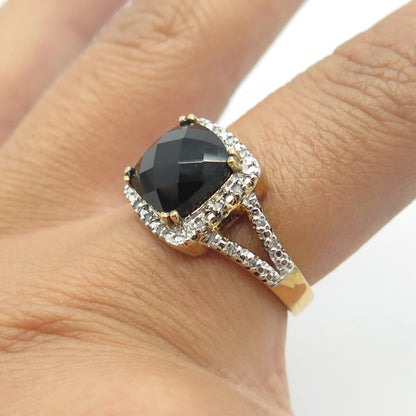 925 Sterling Silver Gold Plated Real White Diamond Black Spinel Gem Ring Size 7