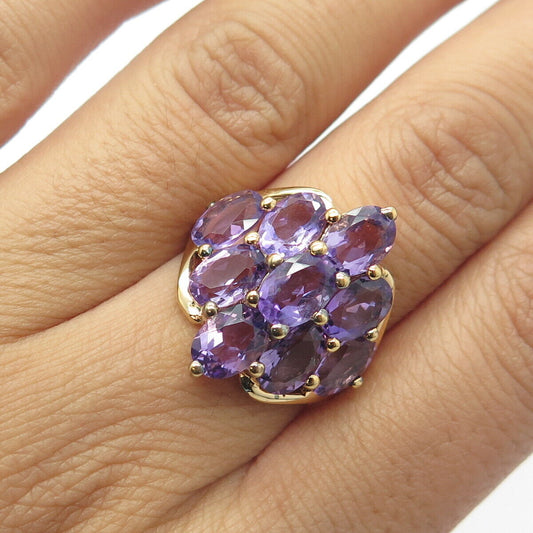 925 Sterling Silver Gold Plated Real Amethyst Cluster Ring Size 7