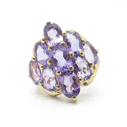 925 Sterling Silver Gold Plated Real Amethyst Cluster Ring Size 7