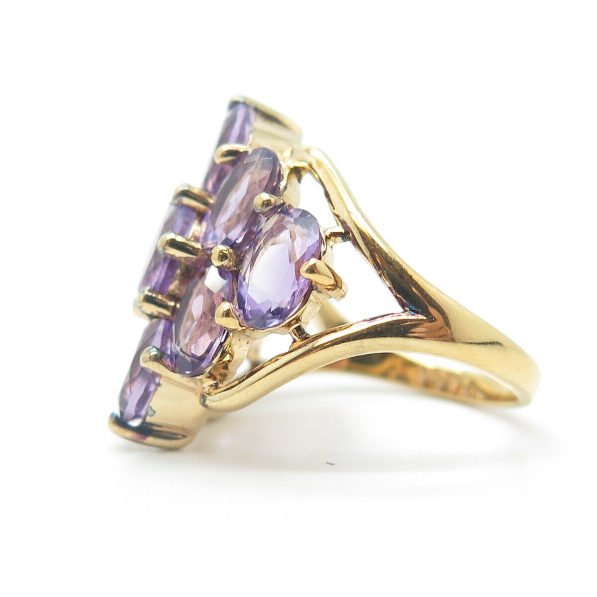 925 Sterling Silver Gold Plated Real Amethyst Cluster Ring Size 7