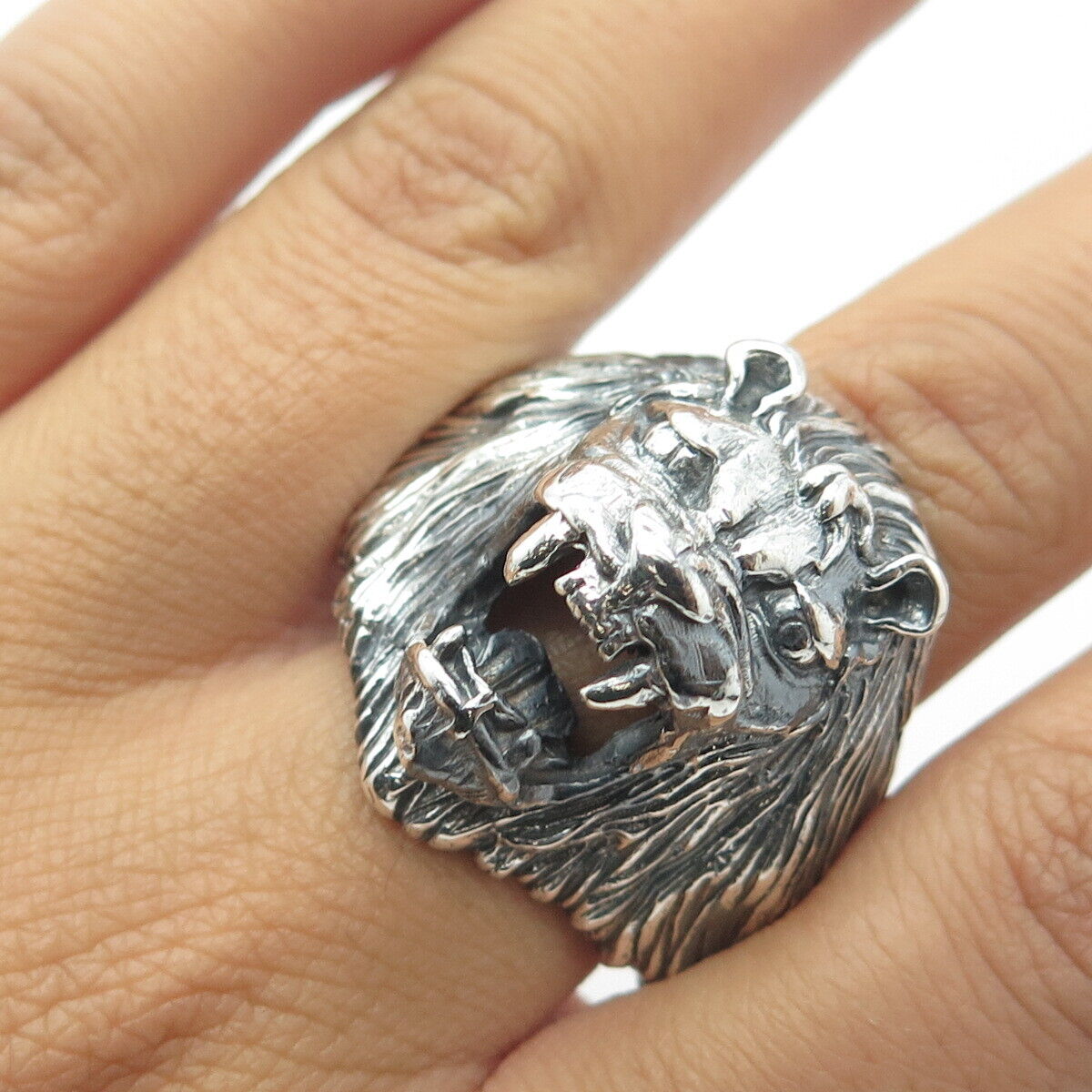 925 Sterling Silver Vintage Mexico Lion Statement Oxidized Ring Size 14.5