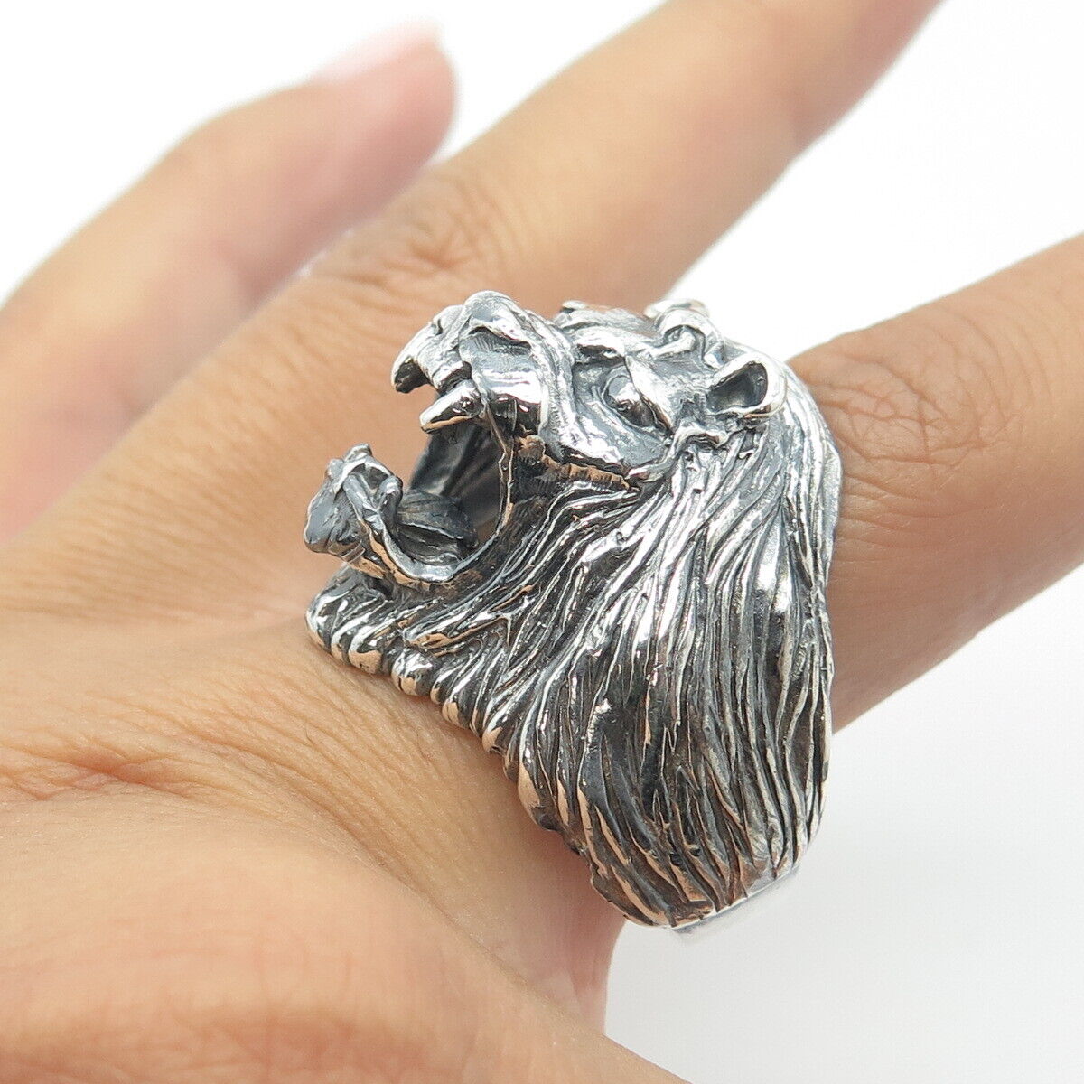 925 Sterling Silver Vintage Mexico Lion Statement Oxidized Ring Size 14.5