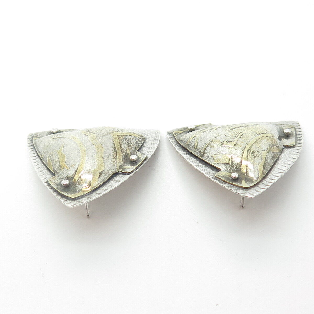 925 Sterling Silver 2-Tone Vintage Triangle Modernist Handcrafted Earrings