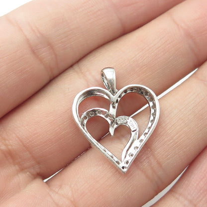 SUN 925 Sterling Silver Real Round-Cut White Diamond Double Heart Pendant