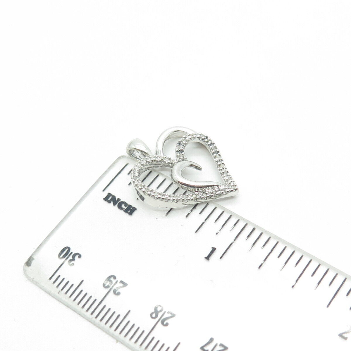 SUN 925 Sterling Silver Real Round-Cut White Diamond Double Heart Pendant