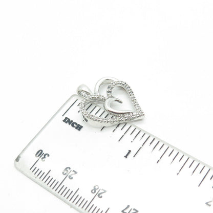 SUN 925 Sterling Silver Real Round-Cut White Diamond Double Heart Pendant