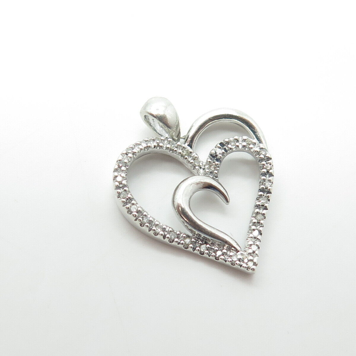 SUN 925 Sterling Silver Real Round-Cut White Diamond Double Heart Pendant