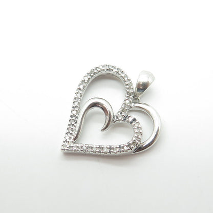 SUN 925 Sterling Silver Real Round-Cut White Diamond Double Heart Pendant