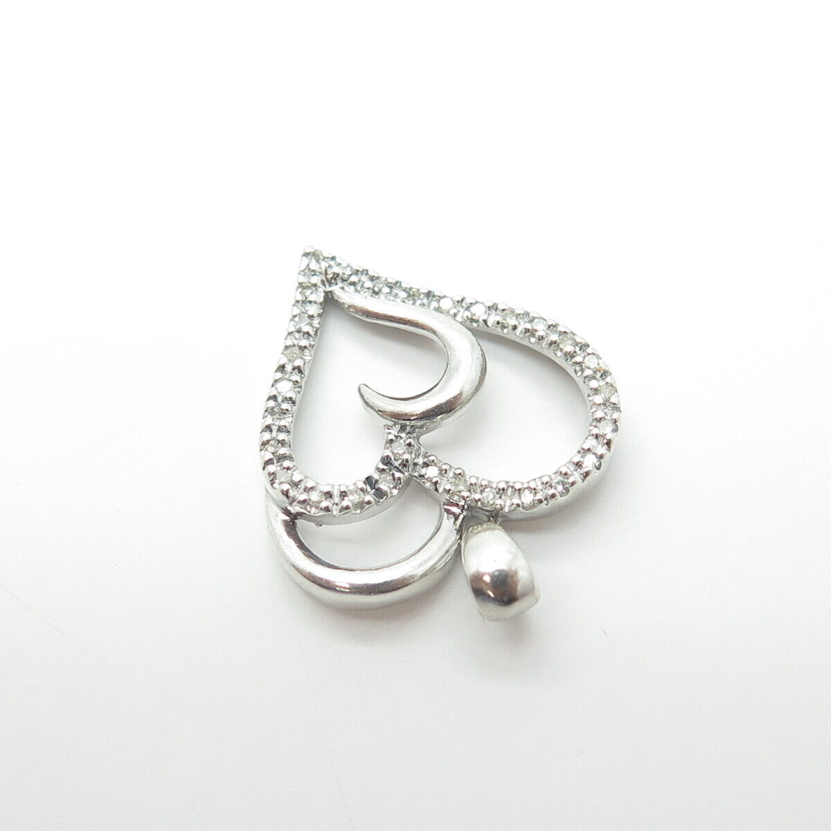 SUN 925 Sterling Silver Real Round-Cut White Diamond Double Heart Pendant