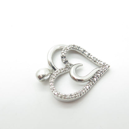 SUN 925 Sterling Silver Real Round-Cut White Diamond Double Heart Pendant
