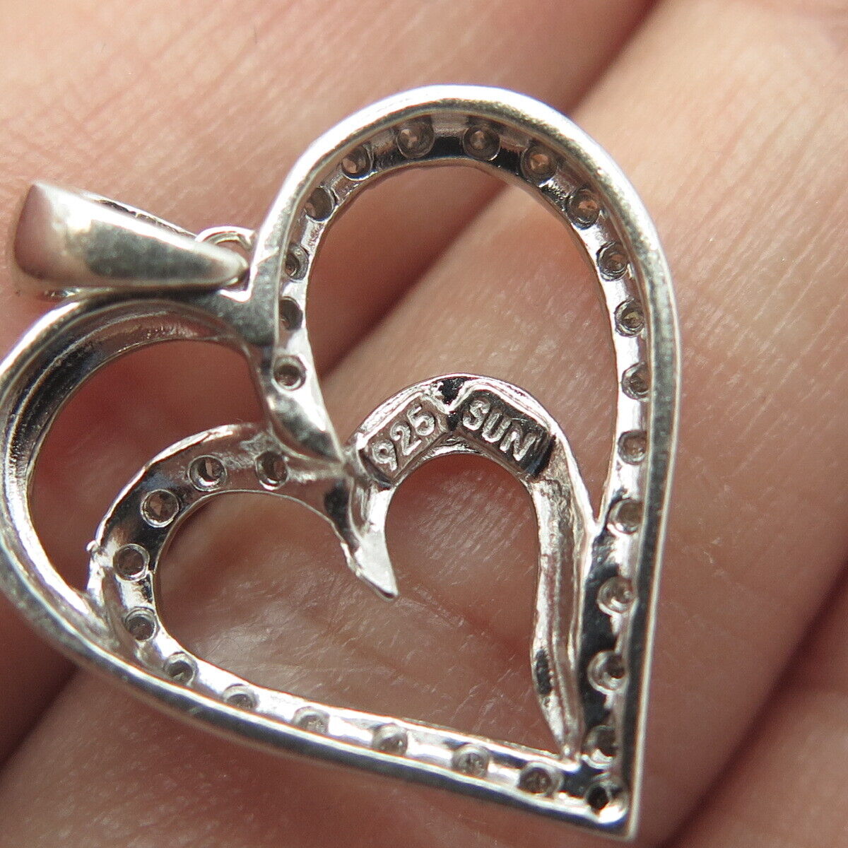 SUN 925 Sterling Silver Real Round-Cut White Diamond Double Heart Pendant