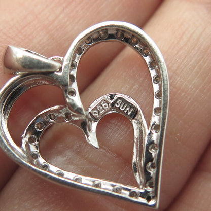 SUN 925 Sterling Silver Real Round-Cut White Diamond Double Heart Pendant
