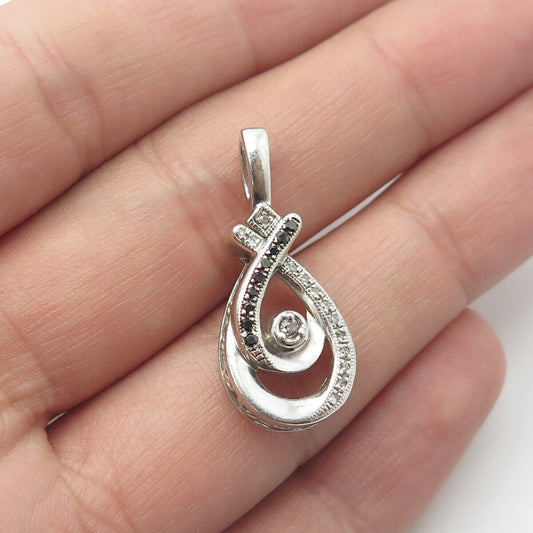 925 Sterling Silver Real Round-Cut White & Black Diamond Teardrop Pendant