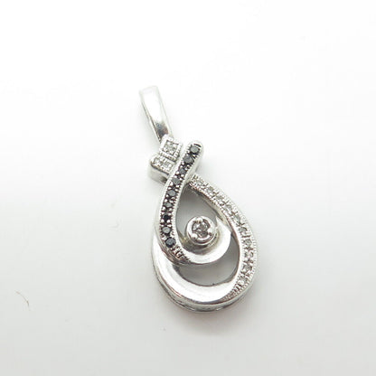 925 Sterling Silver Real Round-Cut White & Black Diamond Teardrop Pendant