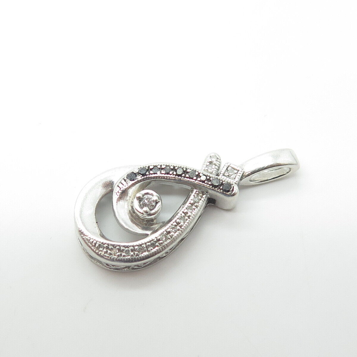 925 Sterling Silver Real Round-Cut White & Black Diamond Teardrop Pendant