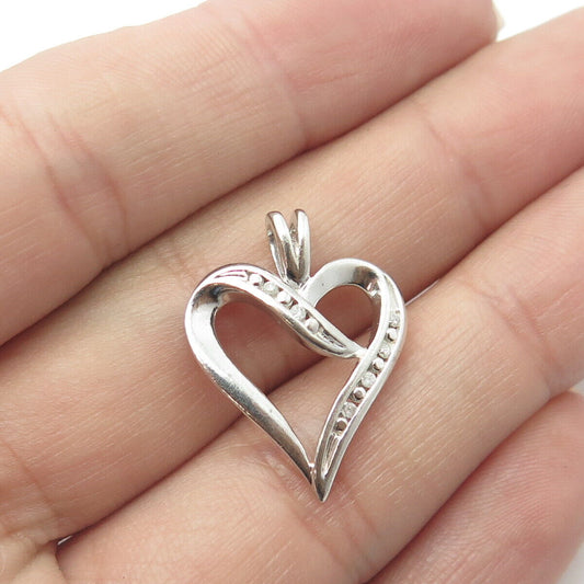 925 Sterling Silver Real Round-Cut White Diamond Ribbon Heart Pendant