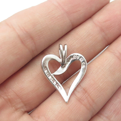 925 Sterling Silver Real Round-Cut White Diamond Ribbon Heart Pendant