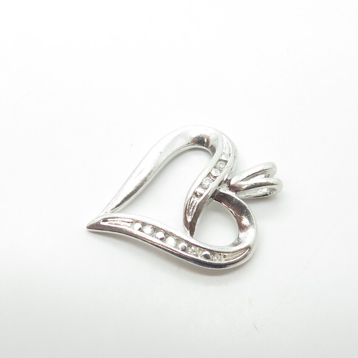 925 Sterling Silver Real Round-Cut White Diamond Ribbon Heart Pendant