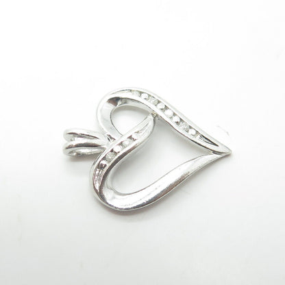 925 Sterling Silver Real Round-Cut White Diamond Ribbon Heart Pendant