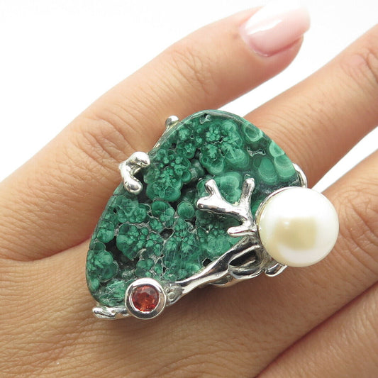 925 Sterling Silver Vintage Malachite Pearl & Sapphire Modernist Ring Size 4.25