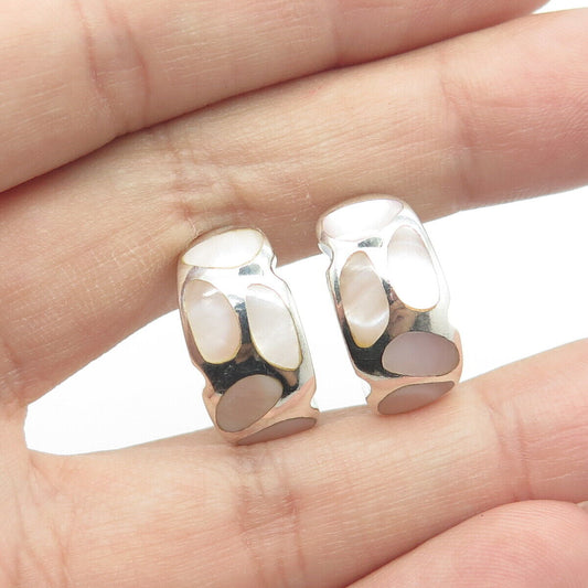 WHITNEY KELLY 925 Sterling Silver Vintage Real Mother-of-Pearl Hoop Earrings