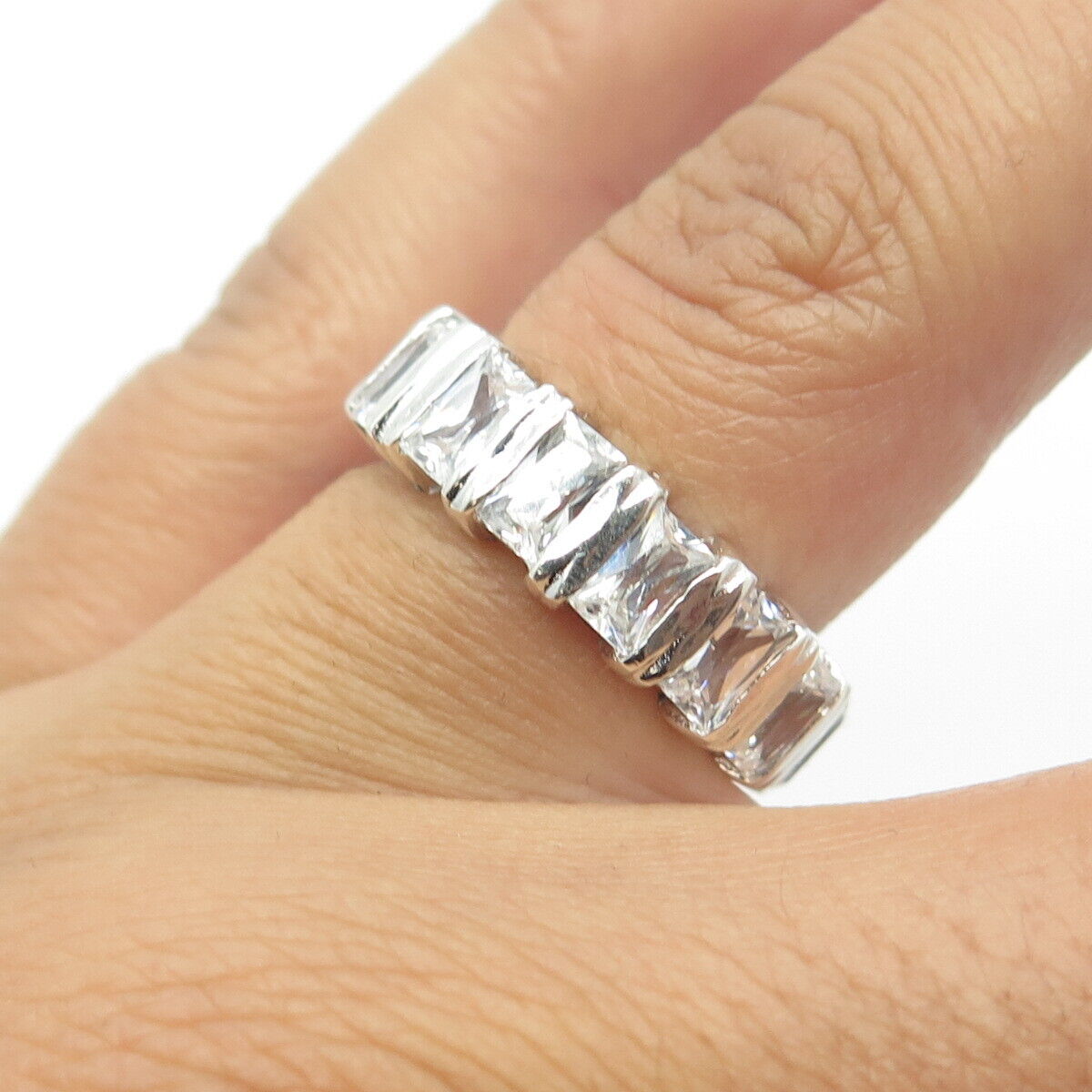 925 Sterling Silver Baguette-Cut C Z All Around Eternity Band Ring Size 6.25