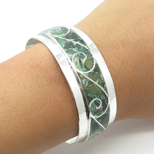 925 Sterling Silver Vintage Mexico Turquoise Inlay Adjustable Cuff Bracelet 7"