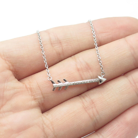 SUN 925 Sterling Silver Real Round-Cut White Diamond Arrow Chain Necklace 16"