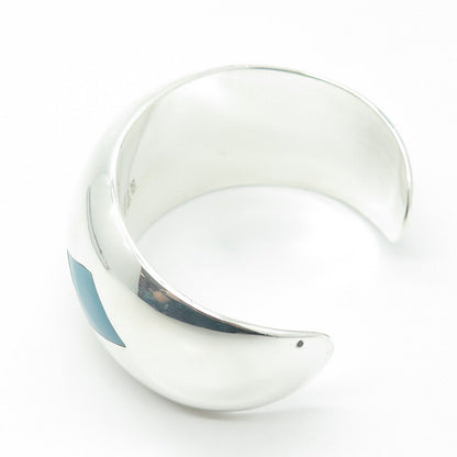 925 Sterling Silver Vintage Mexico Blue Enamel Cuff Heavy Bracelet 6.75"