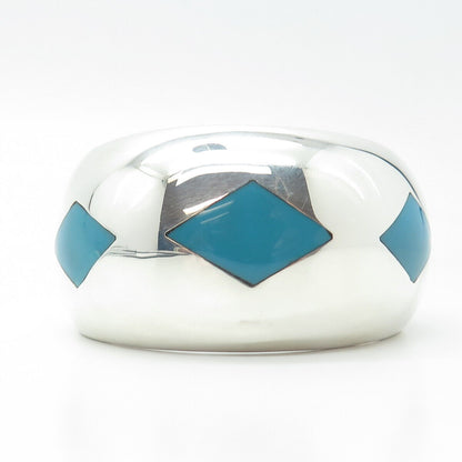 925 Sterling Silver Vintage Mexico Blue Enamel Cuff Heavy Bracelet 6.75"