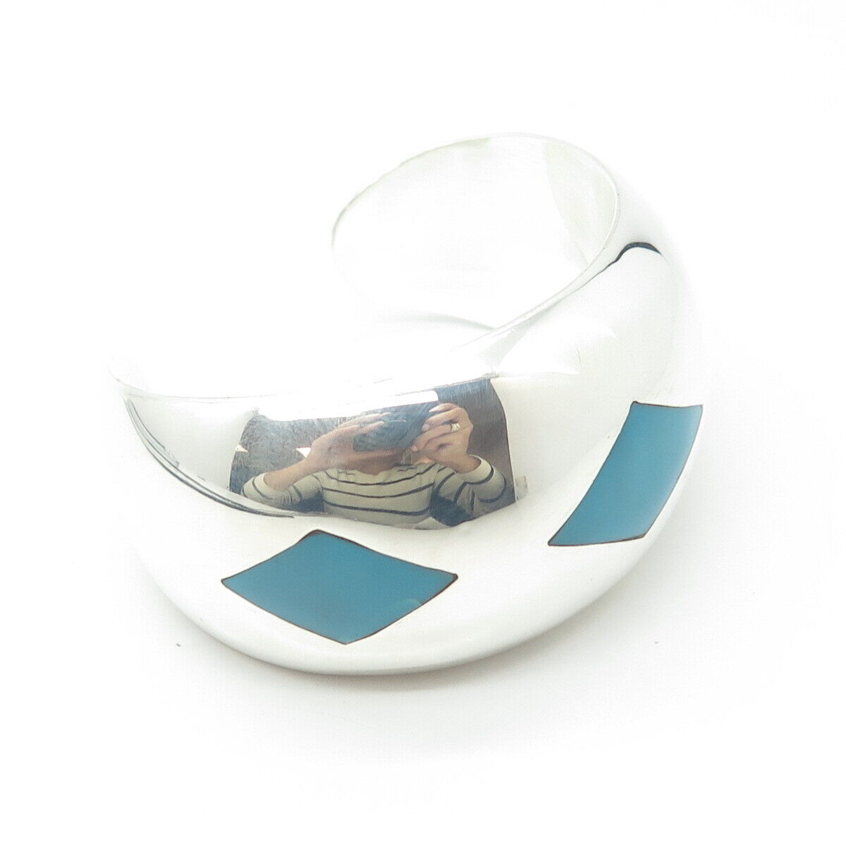 925 Sterling Silver Vintage Mexico Blue Enamel Cuff Heavy Bracelet 6.75"